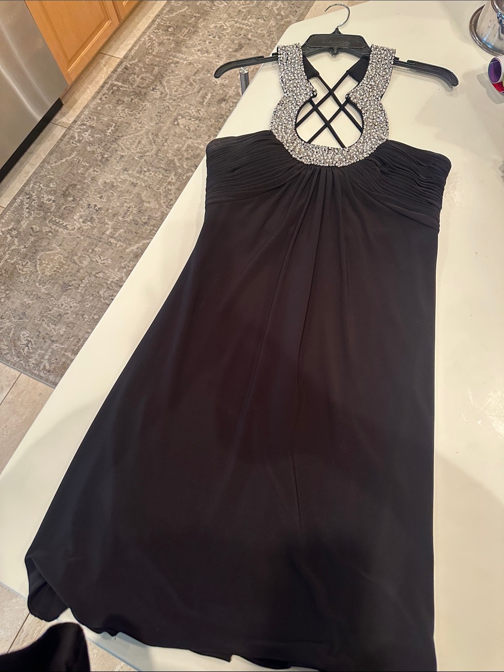 JS Boutique Black Strapless Dress with Crystal/pearl Collar